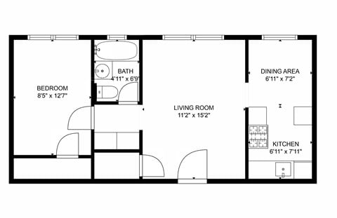 Floor plan for 1 bed, 1 bath, 600 sqft